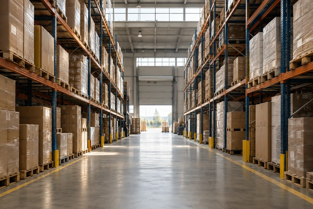Illustrative warehouse aisle with pallet racking and carefully stored cargo